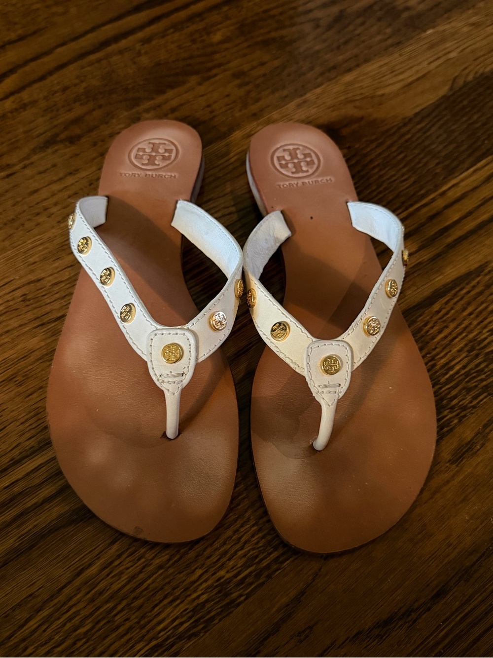 Tory Burch White Leather Gold-Stud Thong Sandals